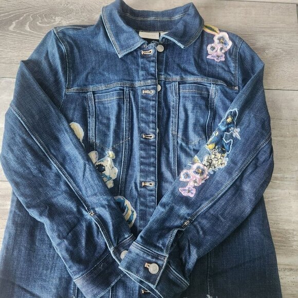Chicos Long Sleeve Floral Embroidered Applique Denim Jacket Ladies Size 2 / L - Picture 4 of 16